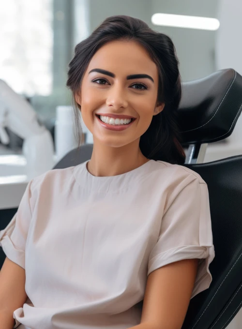 A young woman smiling and sitting in a dental exam chair